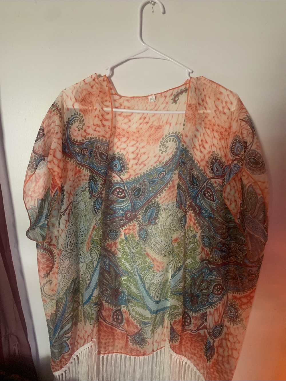 Lightweight Paisley Print Kimono in Coral and Green